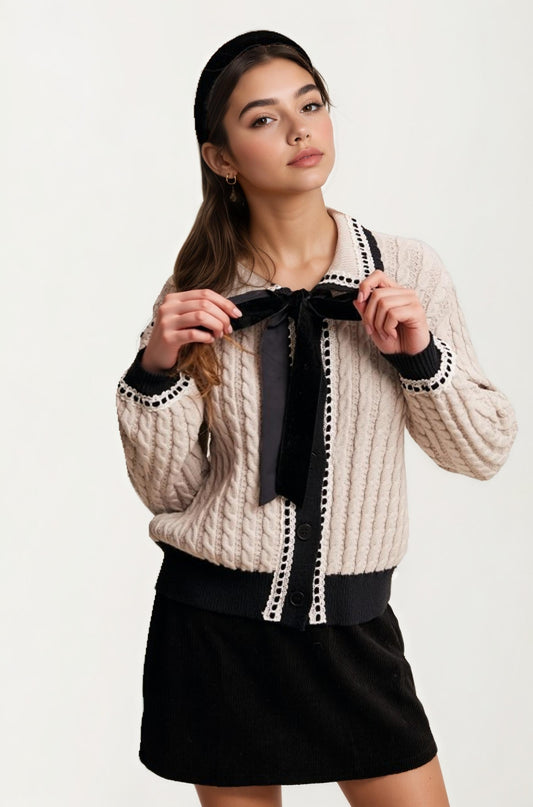 Soft Cable Knit Cardigan with Velvet Bow and Contrast Trim