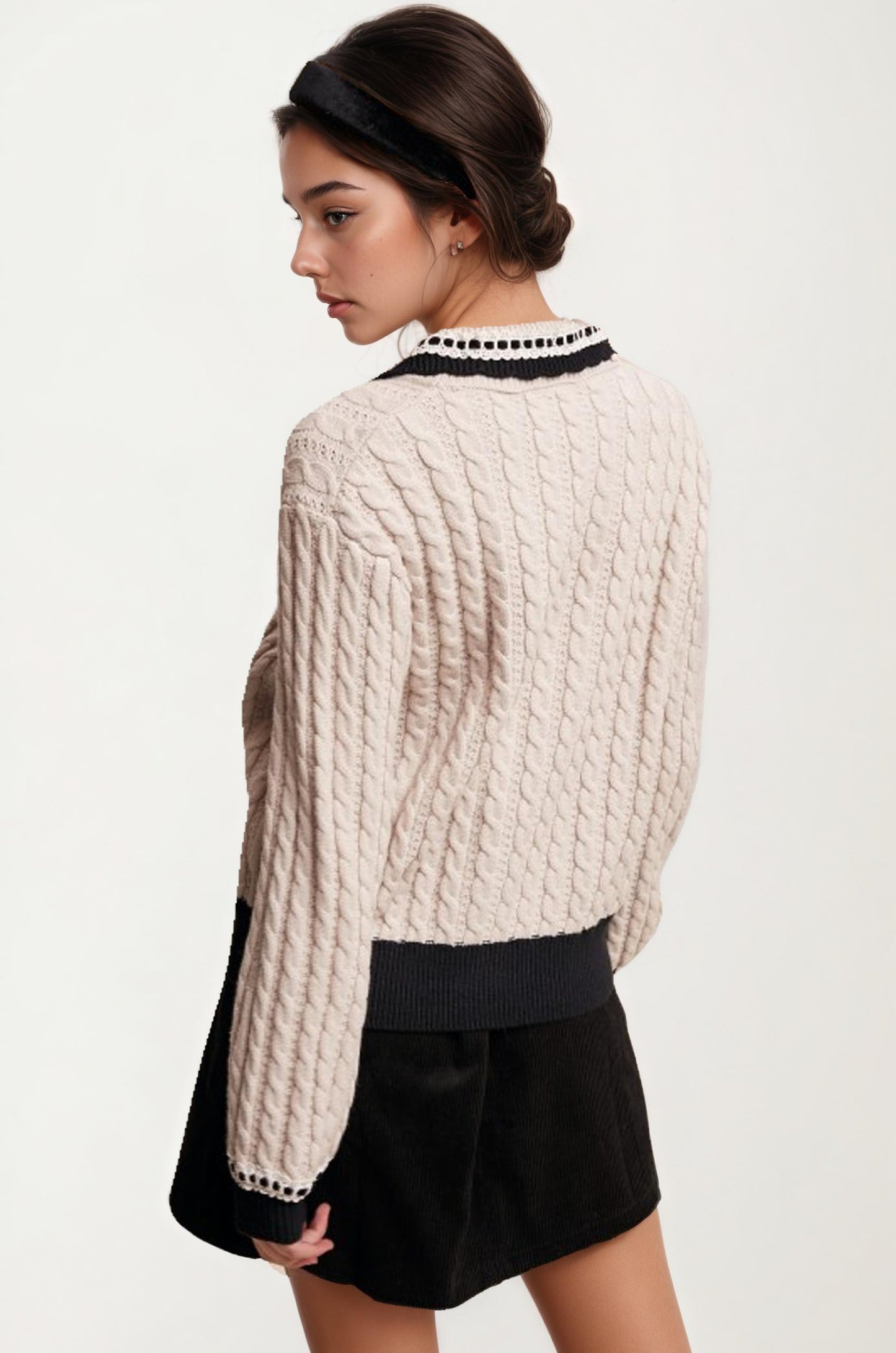 Soft Cable Knit Cardigan with Velvet Bow and Contrast Trim