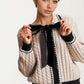 Soft Cable Knit Cardigan with Velvet Bow and Contrast Trim