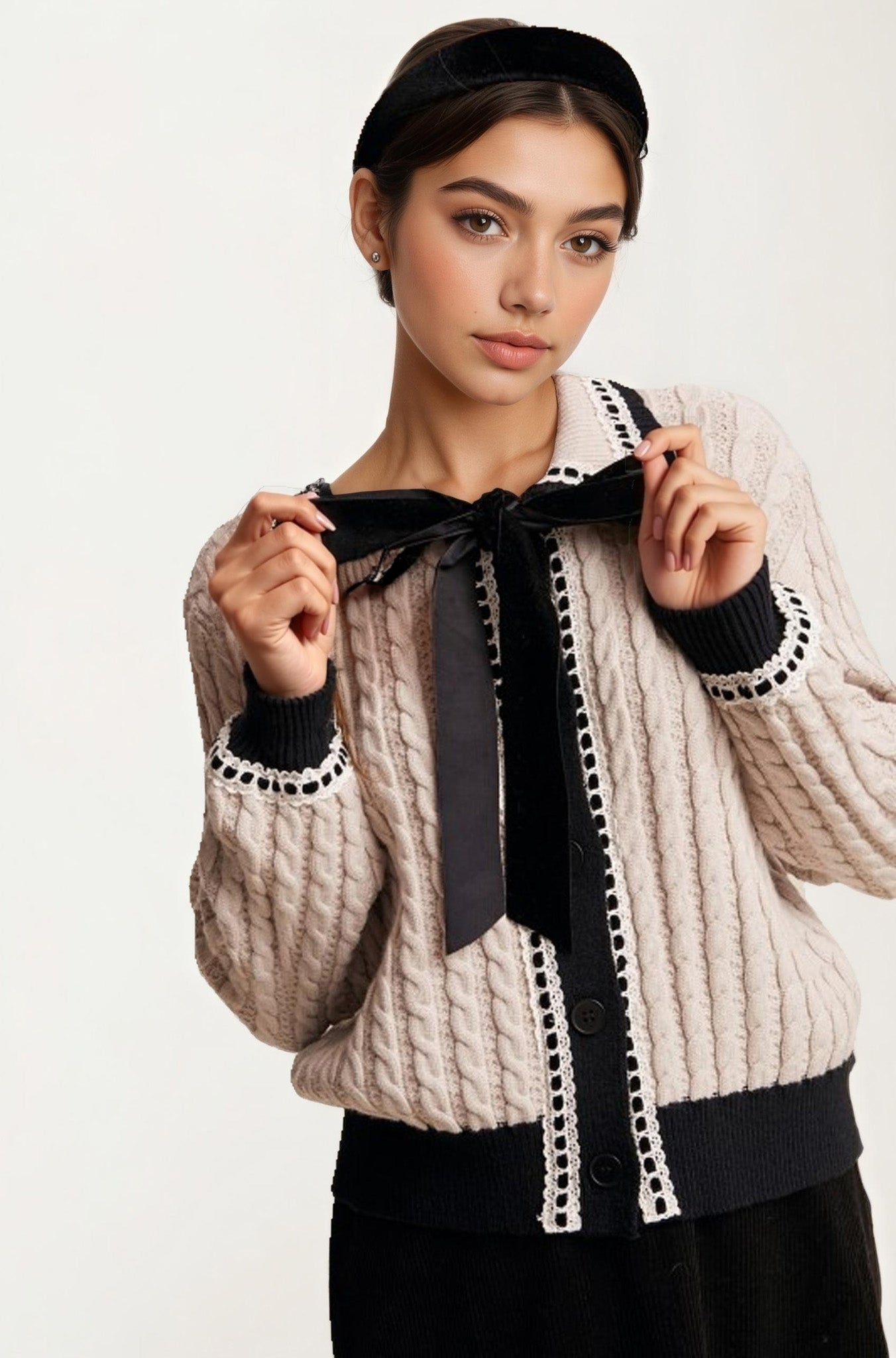 Soft Cable Knit Cardigan with Velvet Bow and Contrast Trim