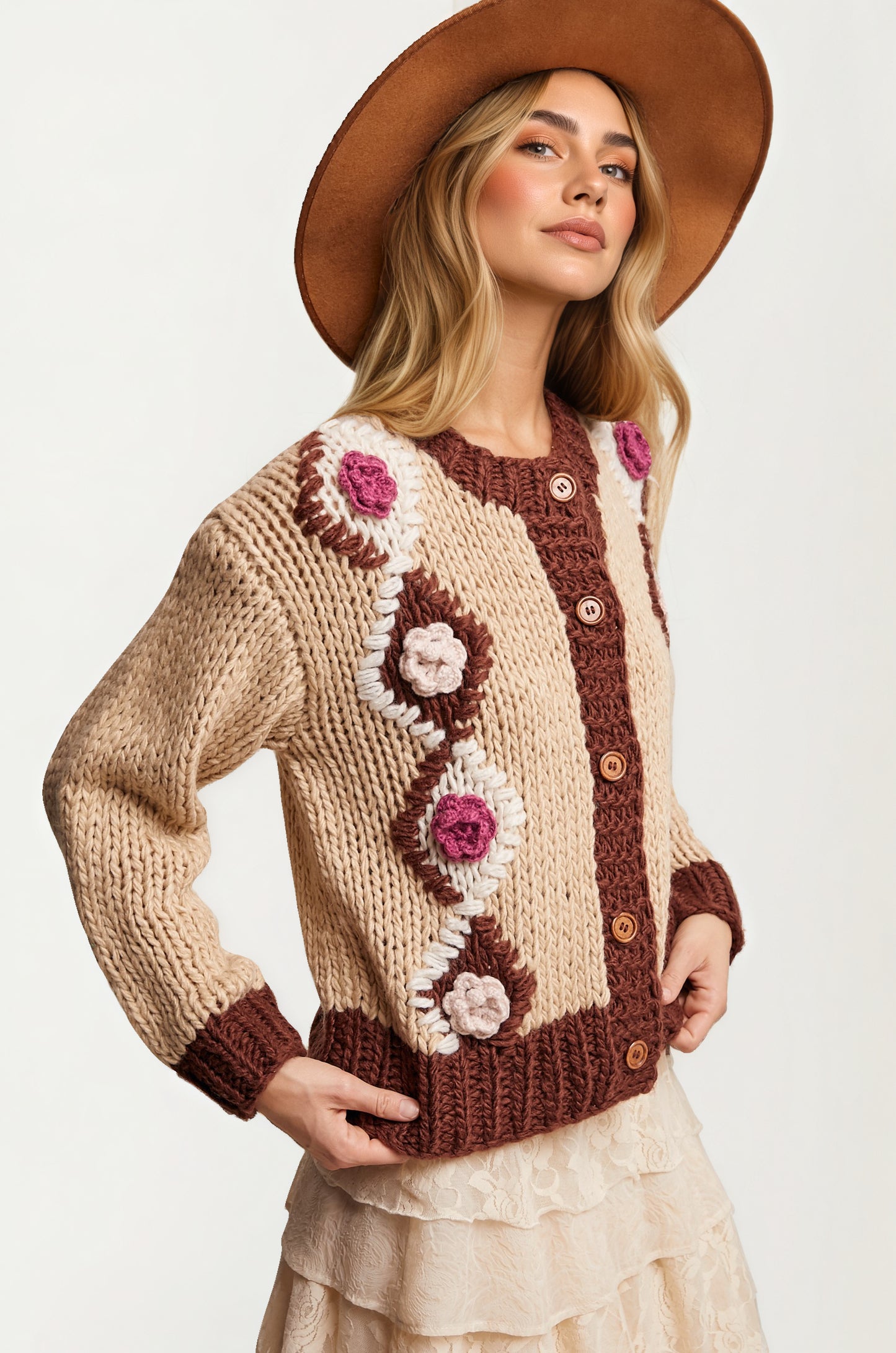 Chunky Knit Cardigan with Floral Crochet Accents