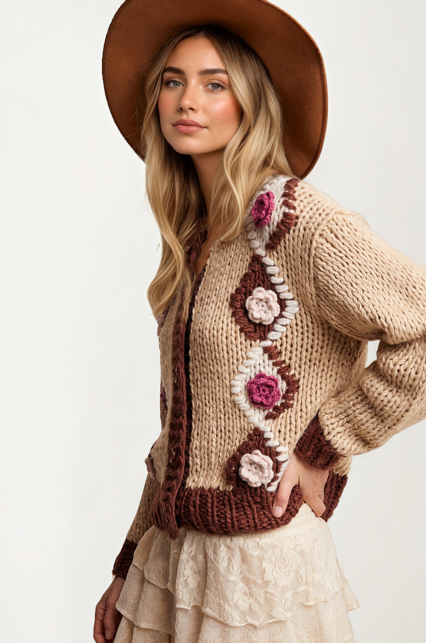 Chunky Knit Cardigan with Floral Crochet Accents