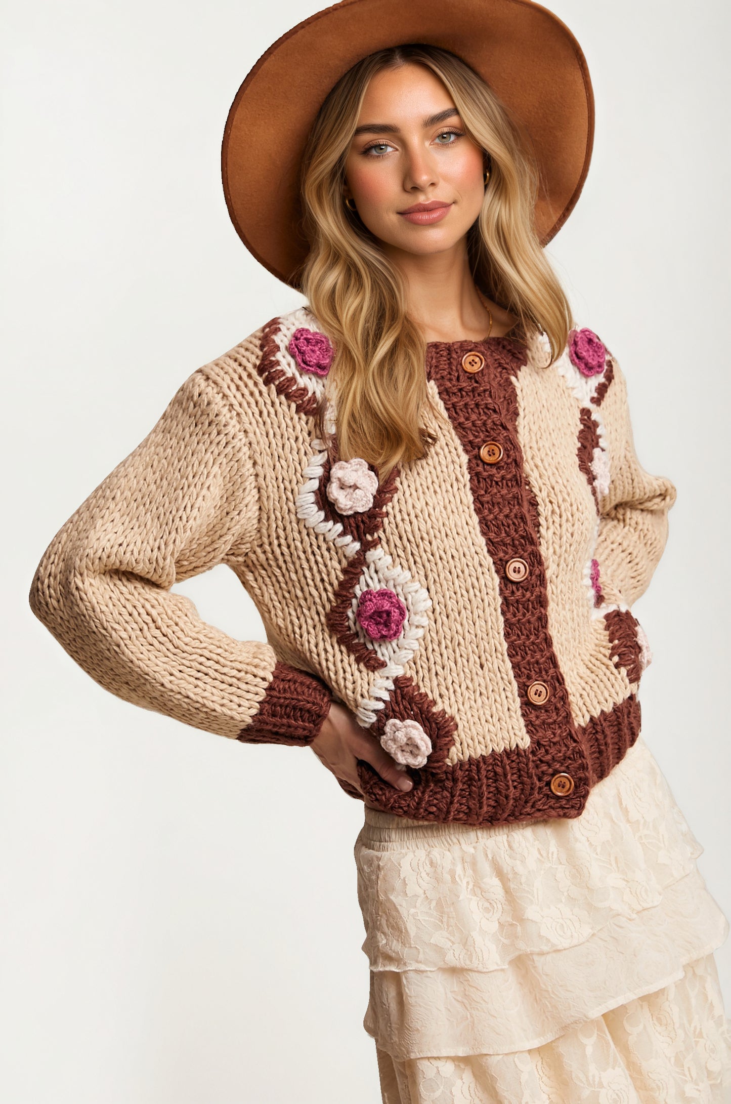 Chunky Knit Cardigan with Floral Crochet Accents