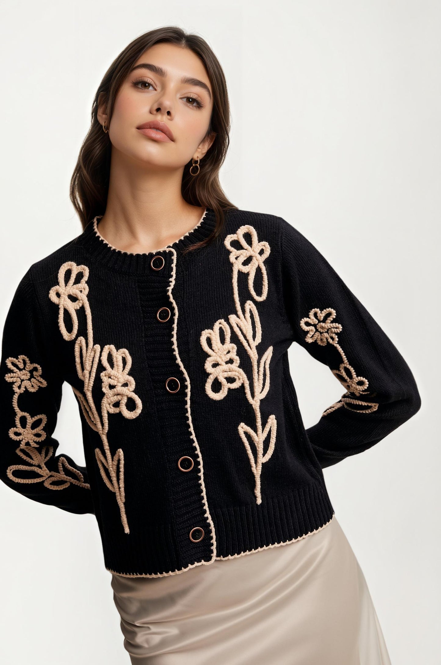 Floral Embroidered Button Front Cardigan Sweater