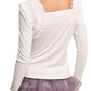 White Long Sleeve Ruffle Trim Layering Rib Knit Top