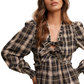 Plaid Long Sleeve Ruffle Tie Detail Blouse