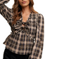 Plaid Long Sleeve Ruffle Tie Detail Blouse