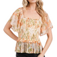 Smocked Peplum Top Flutter Sleeves Square Neck Soft Floral Print Lightweight