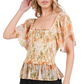 Smocked Peplum Top Flutter Sleeves Square Neck Soft Floral Print Lightweight