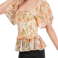Smocked Peplum Top Flutter Sleeves Square Neck Soft Floral Print Lightweight