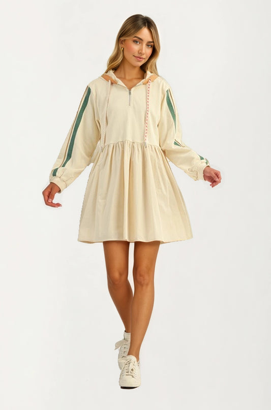 Sporty Hoodie Mini Dress with Half Zip and Contrast Sleeve Stripes
