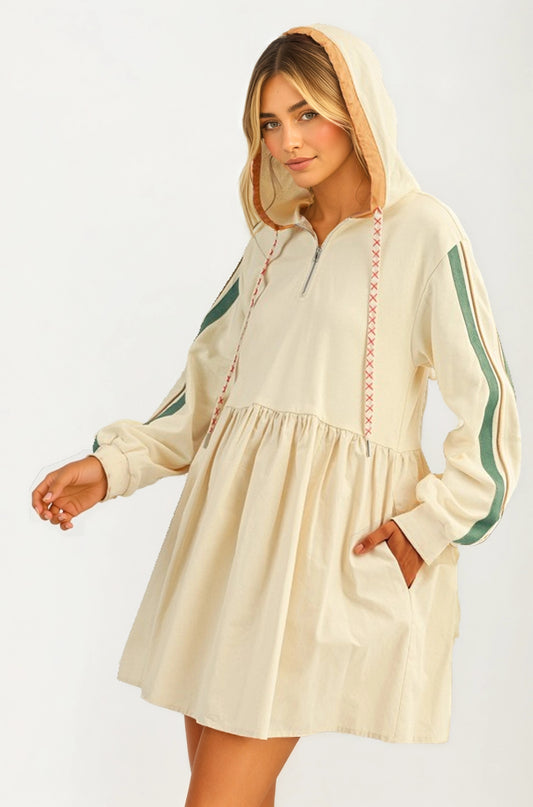 Sporty Hoodie Mini Dress with Half Zip and Contrast Sleeve Stripes