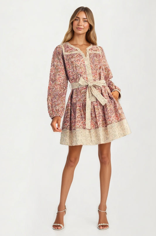 Long Sleeve Mini Dress with Contrast Tie Belt and Boho Print
