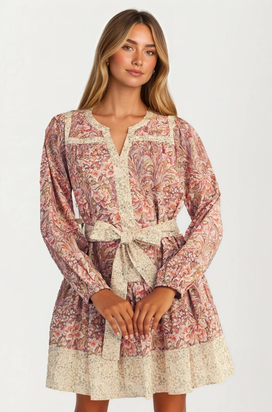 Long Sleeve Mini Dress with Contrast Tie Belt and Boho Print