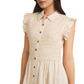 Button-Front Midi Dress with Smocked Bodice and Ruffle Sleeves