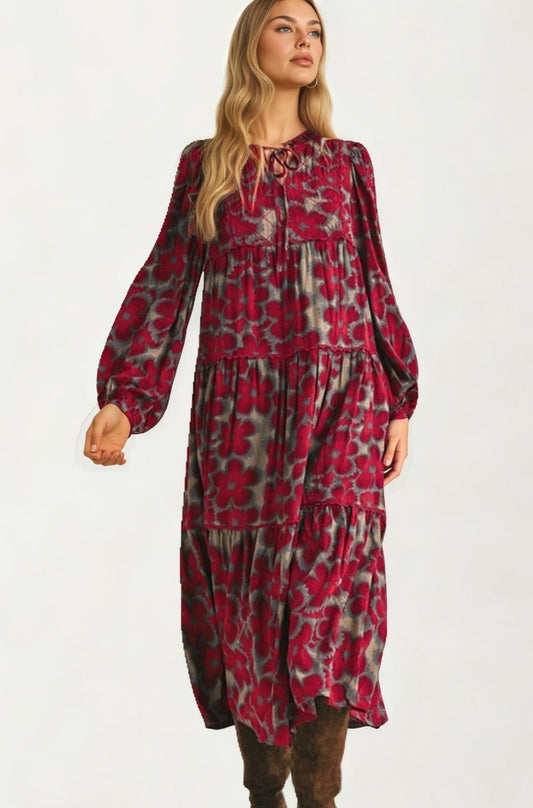 Long Sleeve Floral Velvet Midi Dress With Tiered Skirt