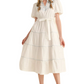 White Embroidered Midi Dress Puff Sleeves Tie Waist Tiered Silhouette Blue Stitching