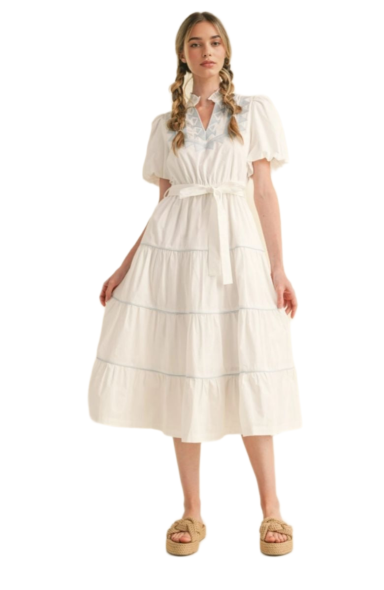 White Embroidered Midi Dress Puff Sleeves Tie Waist Tiered Silhouette Blue Stitching