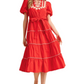 Red Embroidered Midi Dress Puff Sleeves Tie Waist Tiered Hem Statement Stitching