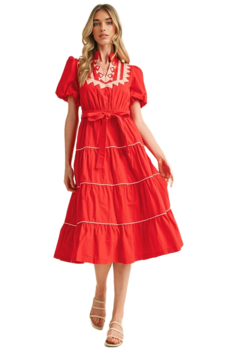 Red Embroidered Midi Dress Puff Sleeves Tie Waist Tiered Hem Statement Stitching