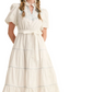 White Embroidered Midi Dress Puff Sleeves Tie Waist Tiered Silhouette Blue Stitching