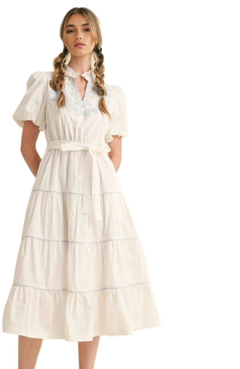 White Embroidered Midi Dress Puff Sleeves Tie Waist Tiered Silhouette Blue Stitching
