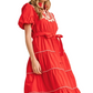 Red Embroidered Midi Dress Puff Sleeves Tie Waist Tiered Hem Statement Stitching