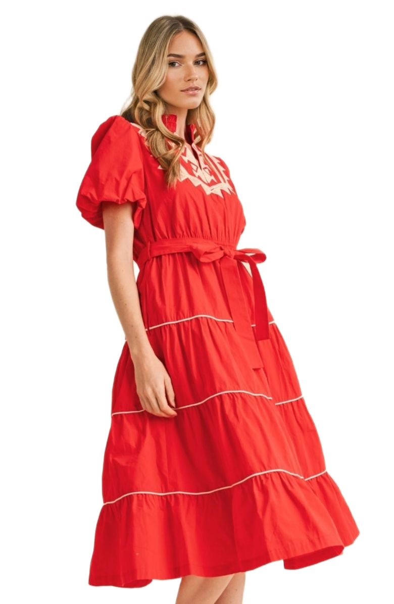 Red Embroidered Midi Dress Puff Sleeves Tie Waist Tiered Hem Statement Stitching