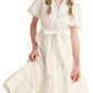 White Embroidered Midi Dress Puff Sleeves Tie Waist Tiered Silhouette Blue Stitching