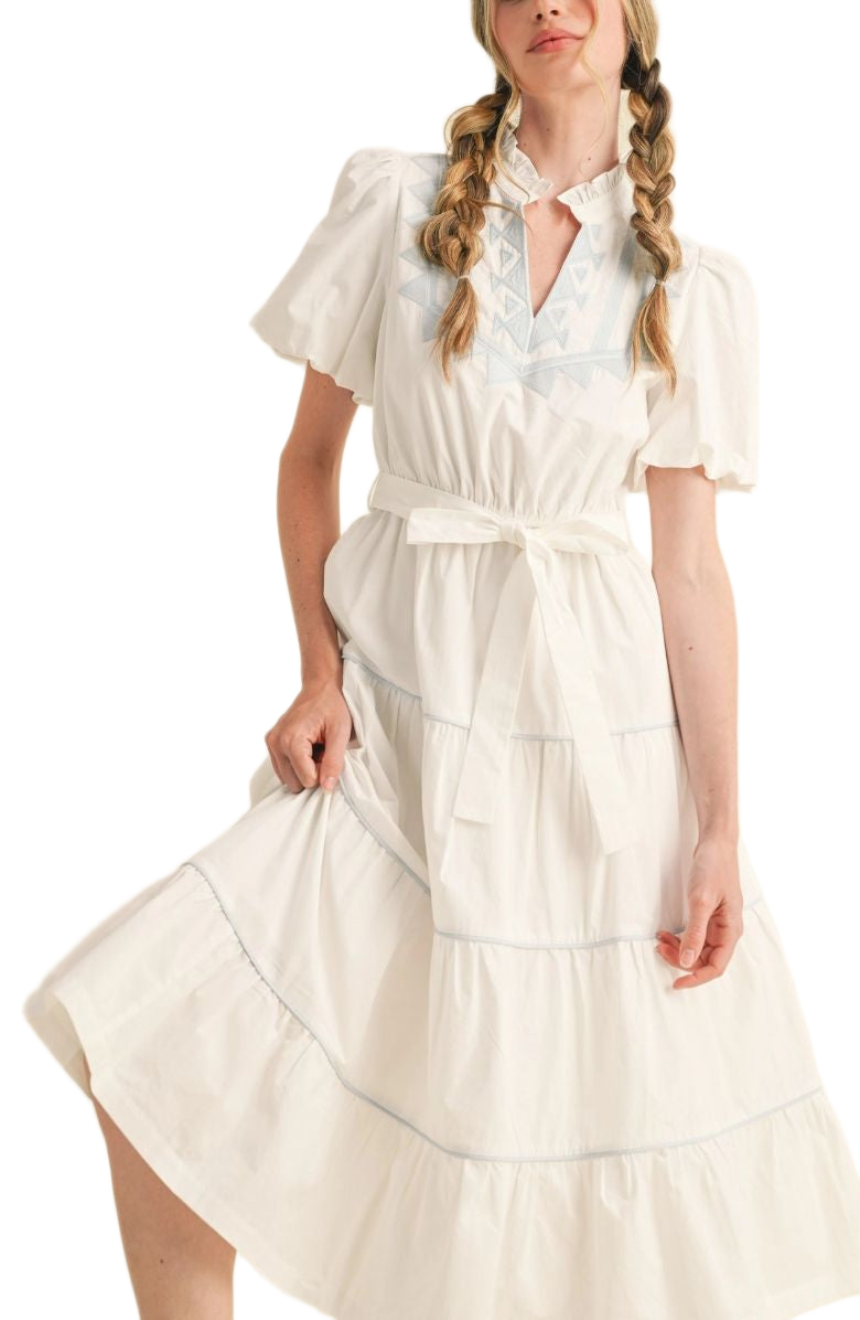 White Embroidered Midi Dress Puff Sleeves Tie Waist Tiered Silhouette Blue Stitching