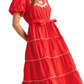 Red Embroidered Midi Dress Puff Sleeves Tie Waist Tiered Hem Statement Stitching
