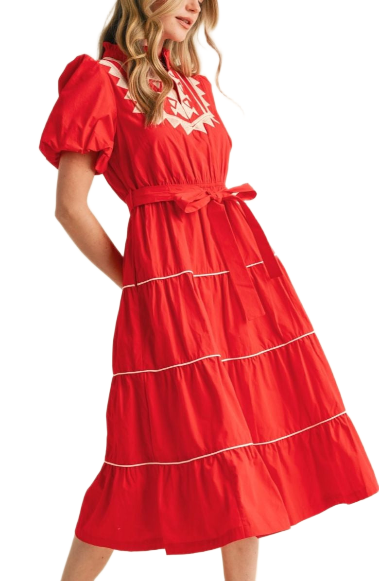 Red Embroidered Midi Dress Puff Sleeves Tie Waist Tiered Hem Statement Stitching