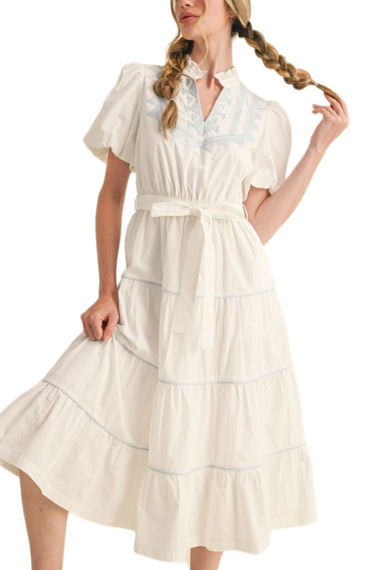 White Embroidered Midi Dress Puff Sleeves Tie Waist Tiered Silhouette Blue Stitching