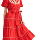 Red Embroidered Midi Dress Puff Sleeves Tie Waist Tiered Hem Statement Stitching