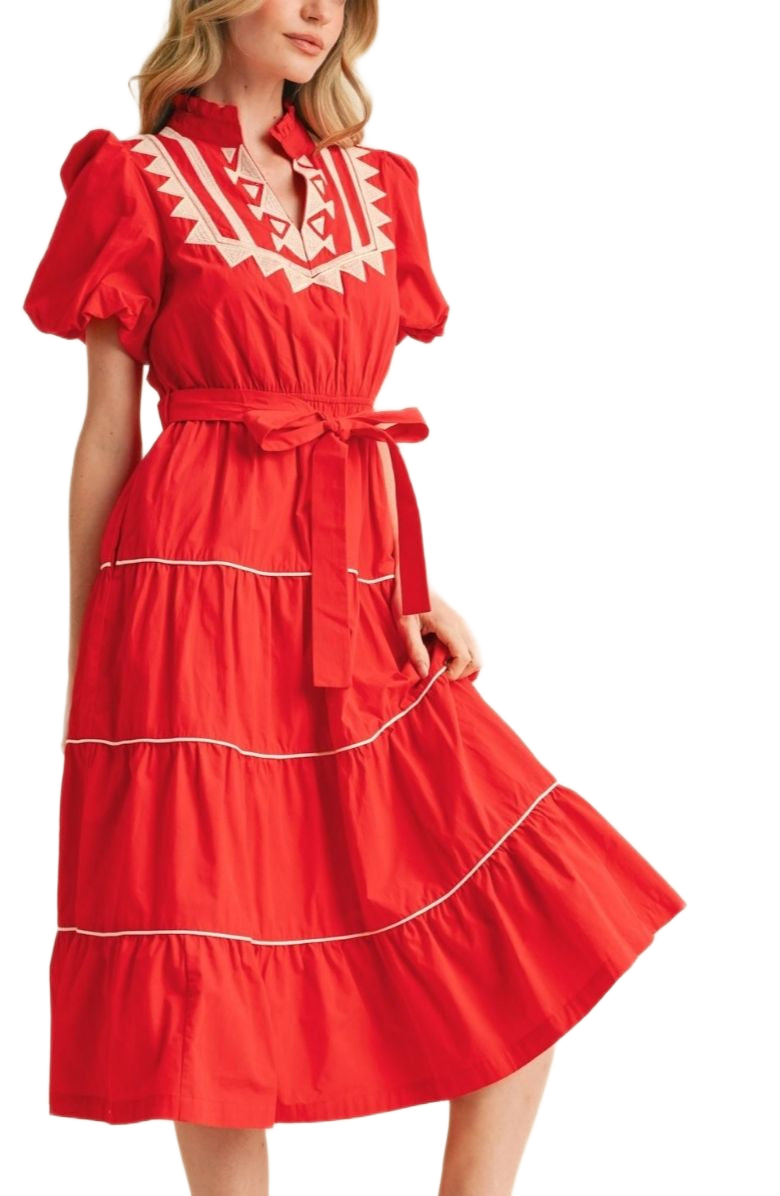 Red Embroidered Midi Dress Puff Sleeves Tie Waist Tiered Hem Statement Stitching