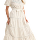 White Embroidered Midi Dress Puff Sleeves Tie Waist Tiered Silhouette Blue Stitching