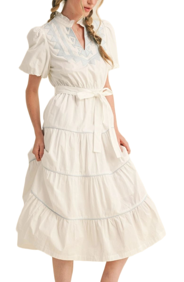 White Embroidered Midi Dress Puff Sleeves Tie Waist Tiered Silhouette Blue Stitching