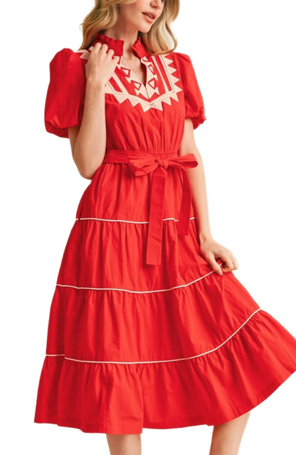 Red Embroidered Midi Dress Puff Sleeves Tie Waist Tiered Hem Statement Stitching