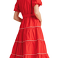 Red Embroidered Midi Dress Puff Sleeves Tie Waist Tiered Hem Statement Stitching