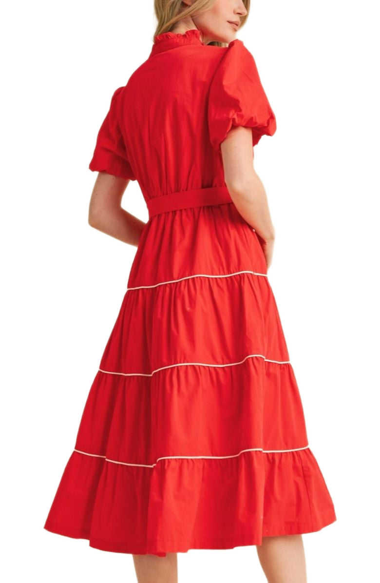 Red Embroidered Midi Dress Puff Sleeves Tie Waist Tiered Hem Statement Stitching