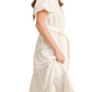 White Embroidered Midi Dress Puff Sleeves Tie Waist Tiered Silhouette Blue Stitching