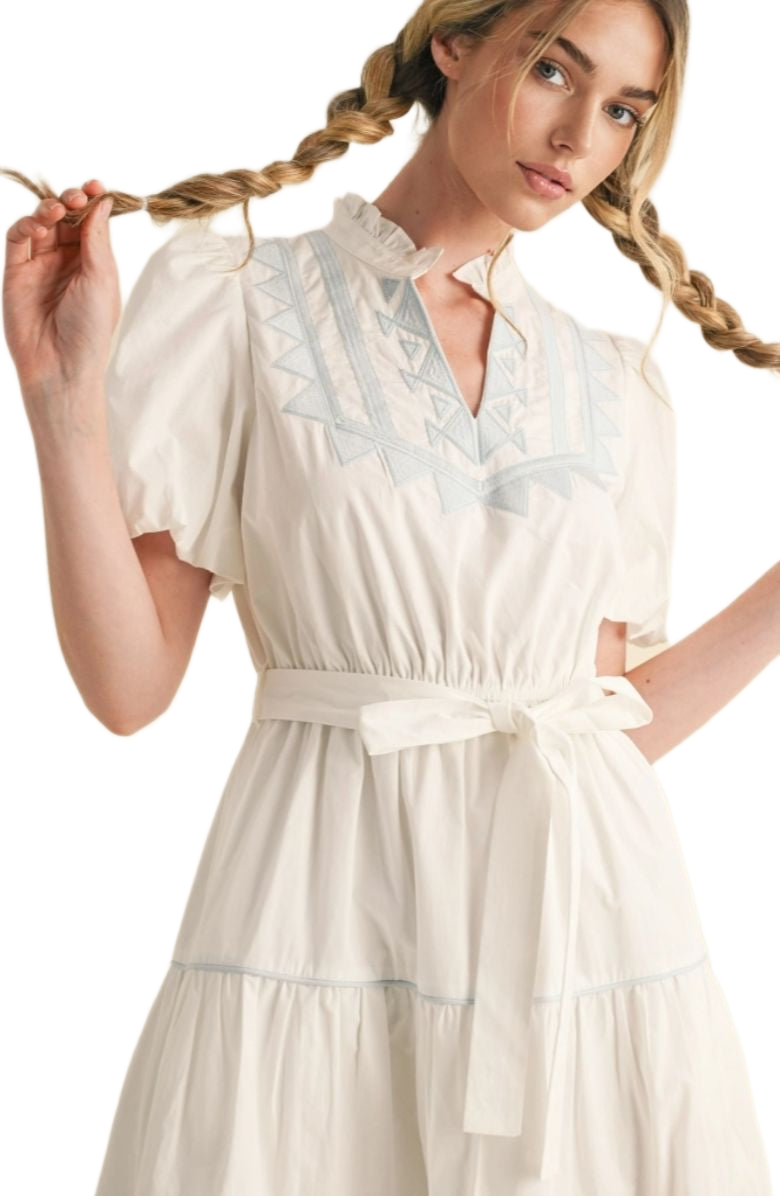 White Embroidered Midi Dress Puff Sleeves Tie Waist Tiered Silhouette Blue Stitching