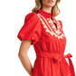 Red Embroidered Midi Dress Puff Sleeves Tie Waist Tiered Hem Statement Stitching