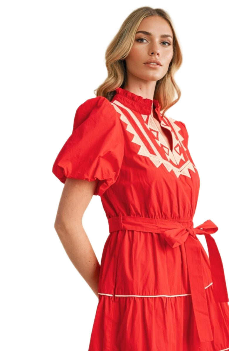 Red Embroidered Midi Dress Puff Sleeves Tie Waist Tiered Hem Statement Stitching