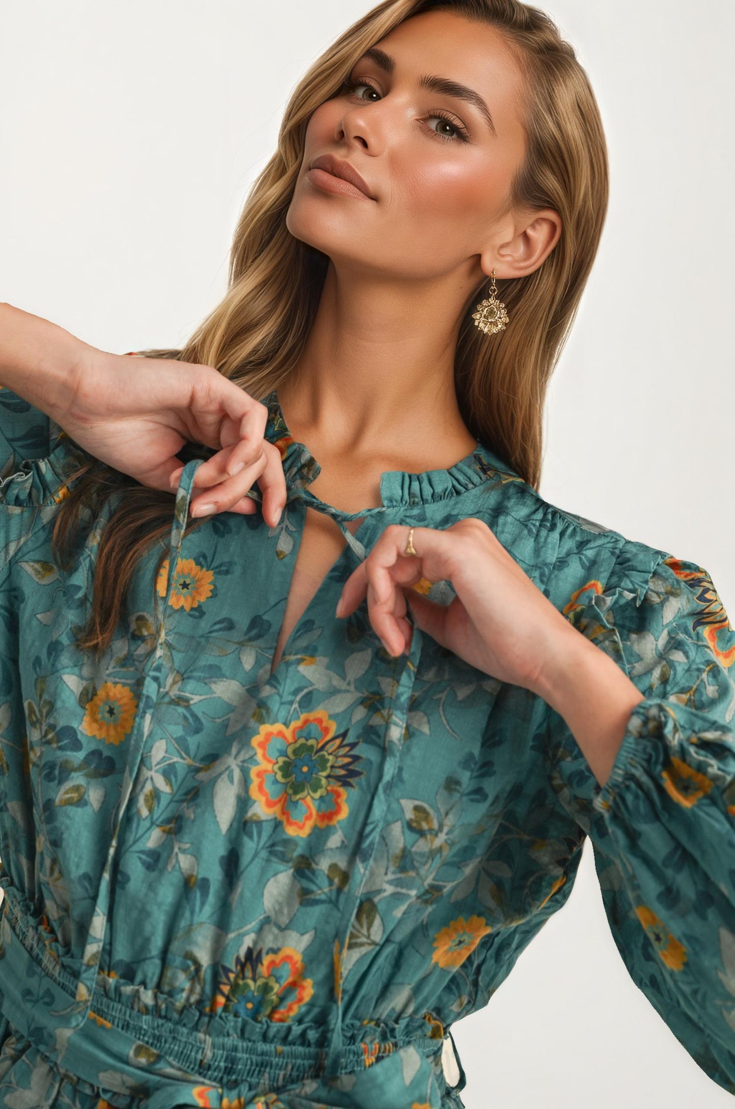 Tiered Ruffle Midi Dress with Belted Waist