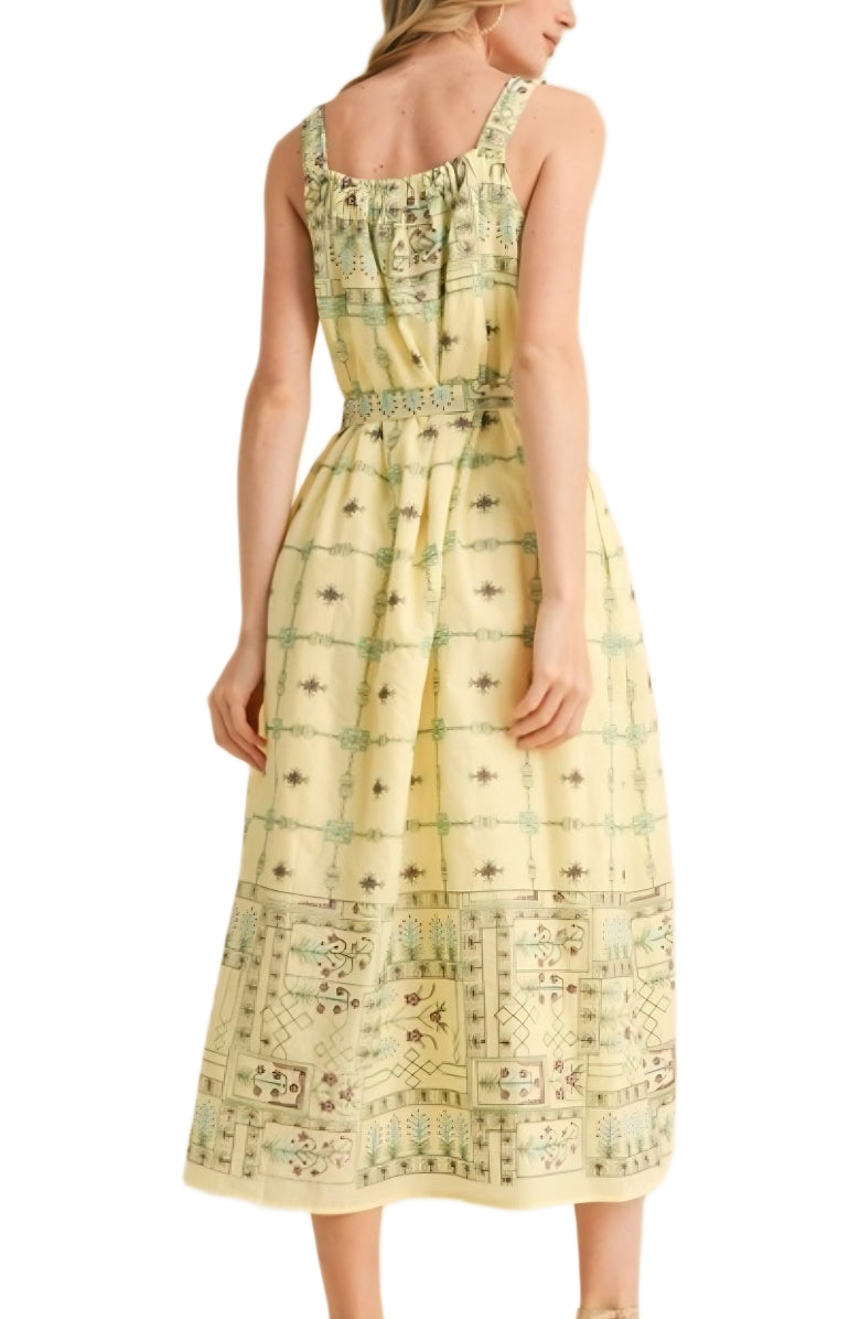 Printed Midi Sundress Square Neck Tie Waist Full Skirt Side Pockets