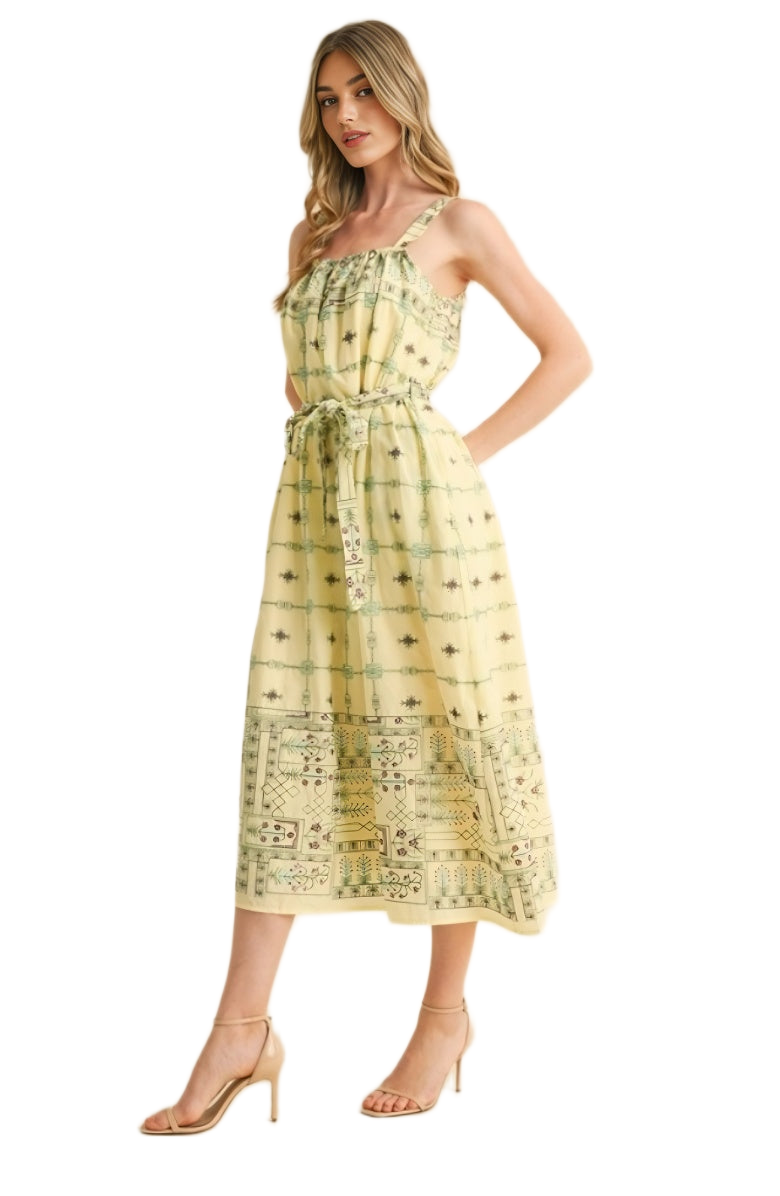 Printed Midi Sundress Square Neck Tie Waist Full Skirt Side Pockets