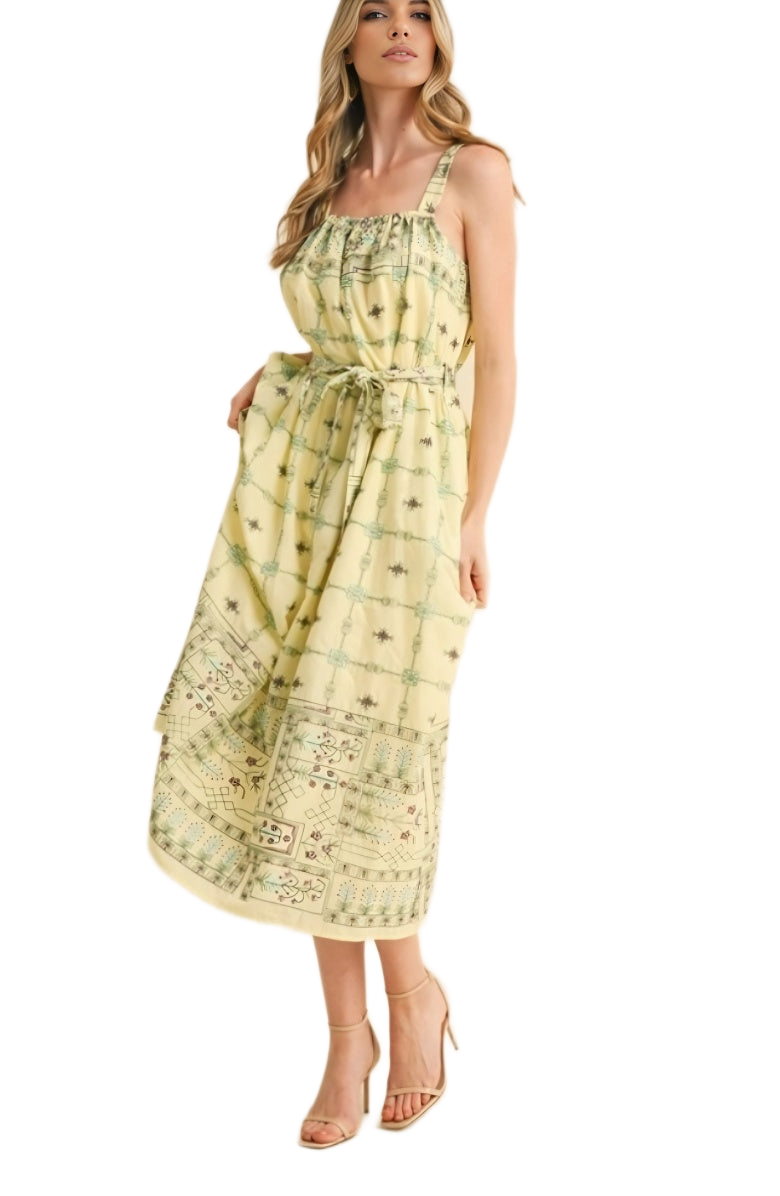 Printed Midi Sundress Square Neck Tie Waist Full Skirt Side Pockets