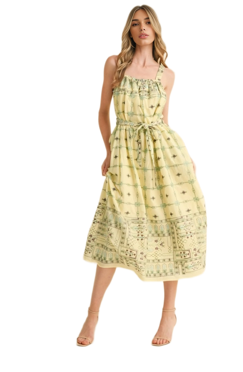 Printed Midi Sundress Square Neck Tie Waist Full Skirt Side Pockets