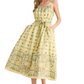 Printed Midi Sundress Square Neck Tie Waist Full Skirt Side Pockets